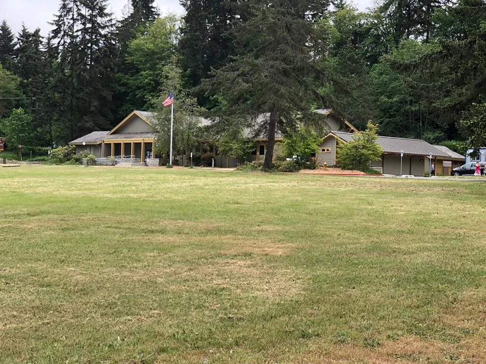 Exterior painting in a wooded setting.