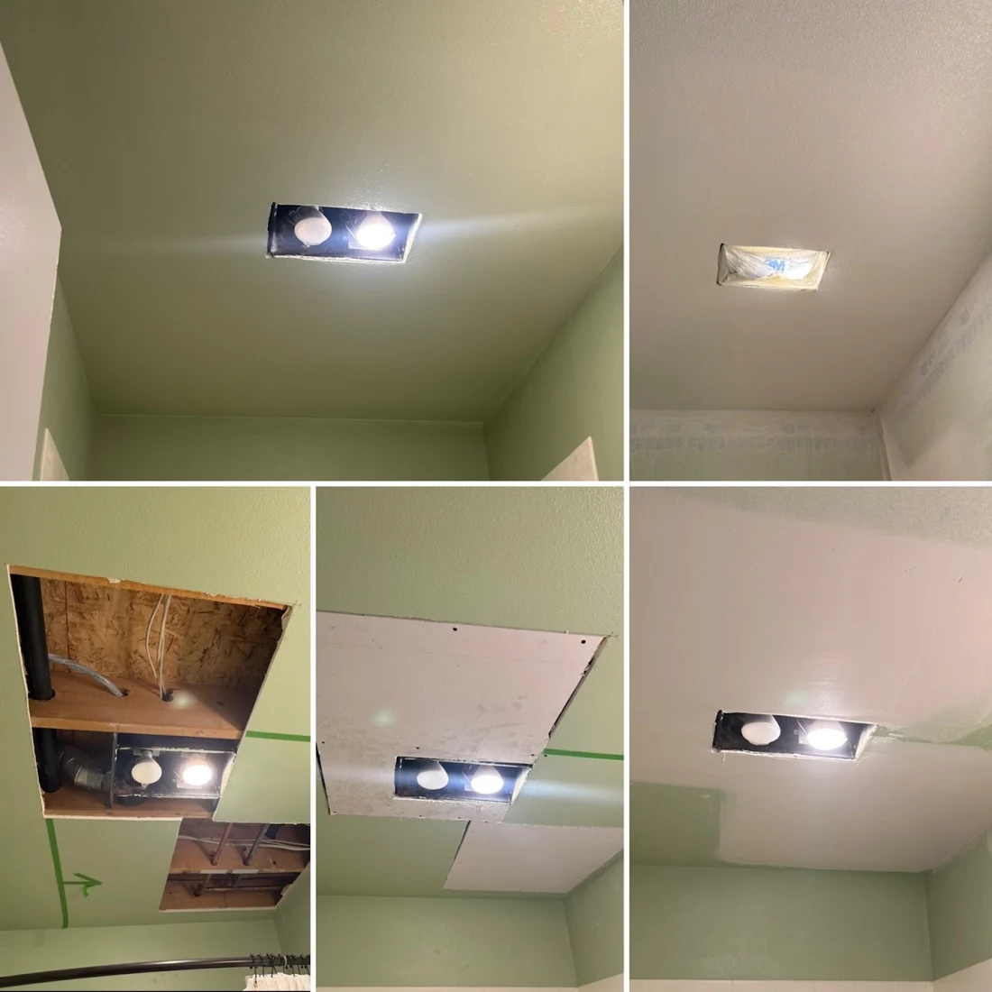 A ceiling opened, repaired and refinished around a fixture.