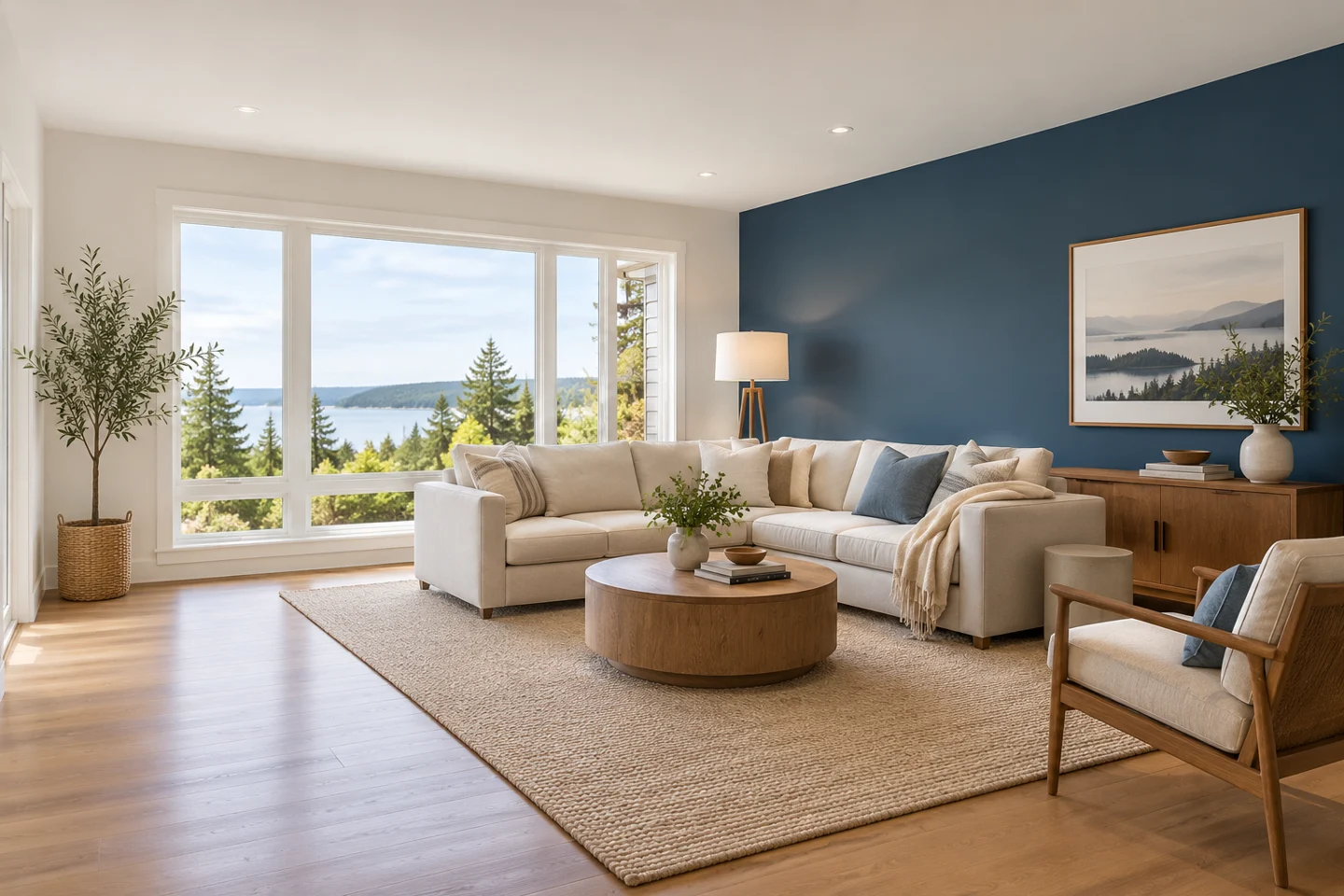 Illustrative living room with smooth white walls and a blue accent wall
