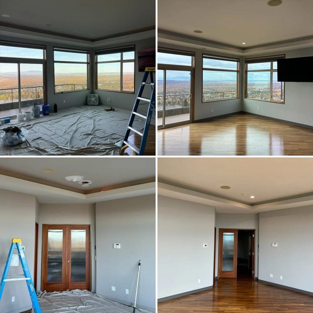Interior painting preparation and finished-room views.